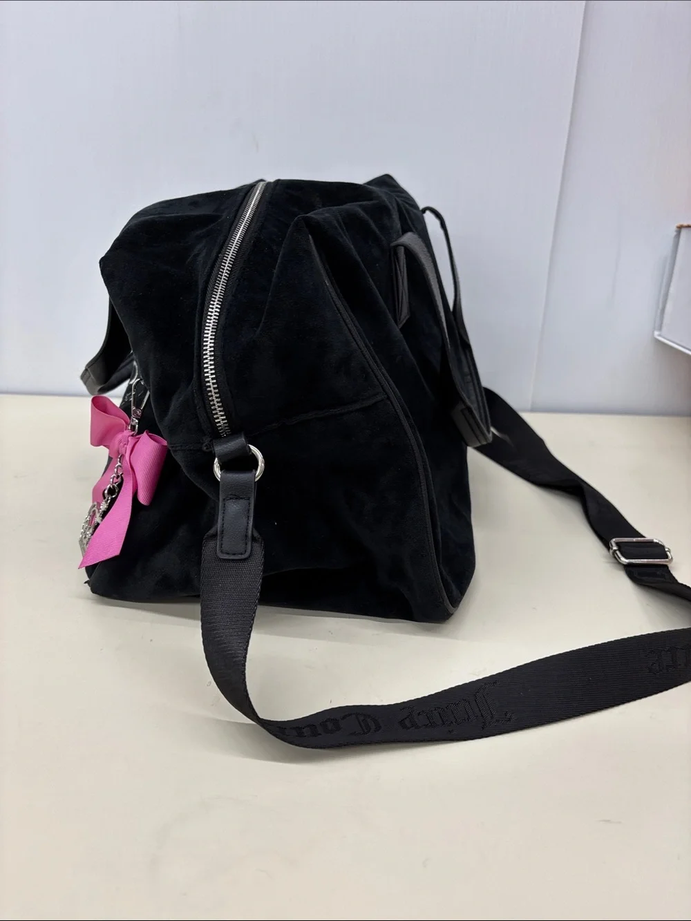 Juicy Couture Black Velour Weekender Bag with Pink Bow Charm